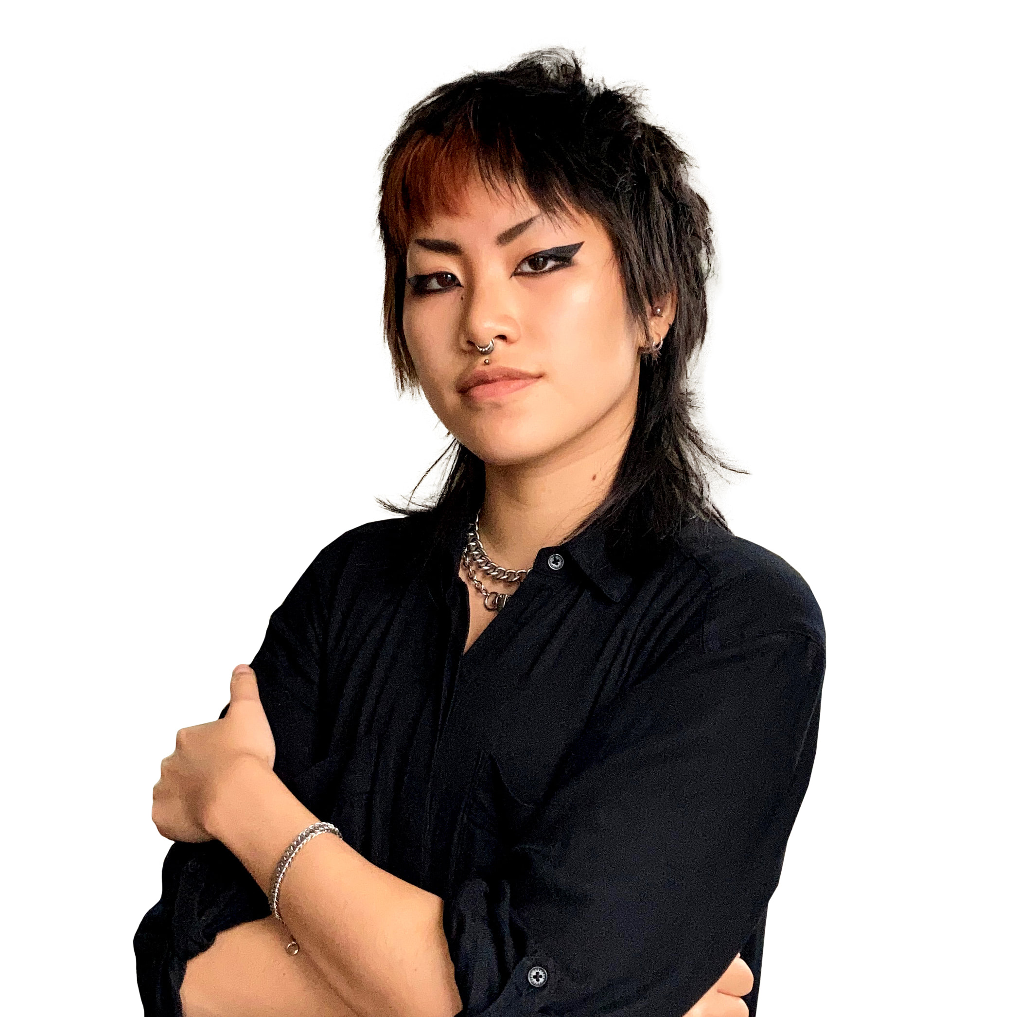 Bren Lau, a young light-skinned East Asian androgynous person with a dark split-dye mullet, heavy winged eyeliner, and numerous piercings.